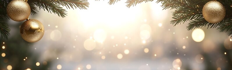 Leinwandbilder - Festive scene with golden ornaments and soft bokeh lights amidst evergreen branches.