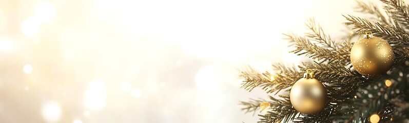Poster - Festive background with golden ornaments and soft lights on evergreen branches.