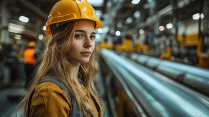 Poster - A female engineer in a yellow hard hat stands confidently in a large manufacturing facility. She monitors the automation process, ensuring the efficient production of steel and aluminum components.