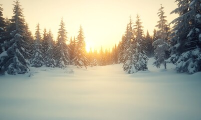 Poster - Snow-covered landscape with evergreen trees and a golden sunset in the background.