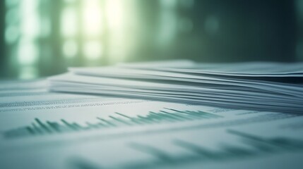 Poster - Documents stacked with graphs and data, illuminated by soft light.