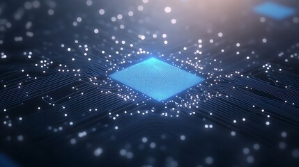 Leinwandbilder - Abstract digital representation with glowing particles and a central blue element.