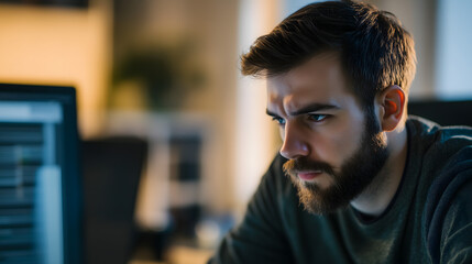 Focused programmer in casual attire, deep in thought, with a dramatic side light. Capturing the essence of concentration and creativity in modern w