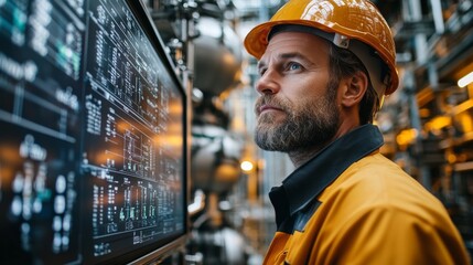 Aufkleber - A manufacturing engineer observes digital displays showing automated processes in a refinery. The setting features pipes and machinery, emphasizing industrial automation and chemical processing.