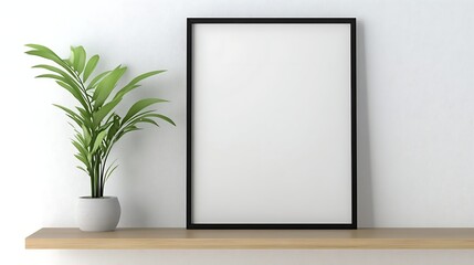 Poster - Blank frame on a shelf with a plant in a pot, set against a textured wall.