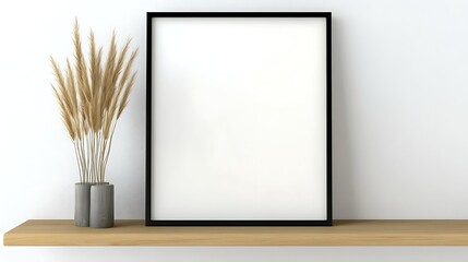 Poster - Empty frame on a shelf with decorative plants in minimalist decor.