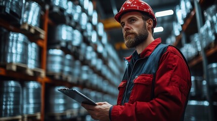Leinwandbilder - In a bustling factory warehouse, a worker with a clipboard assesses aluminum coils lined on pallets. The environment showcases modern industrial automation and storage systems used in manufacturing.