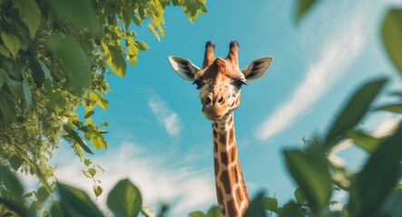 Fototapete - tall giraffe peeking through lush green foliage under clear blue sky.