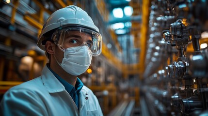 Poster - A technician wearing a safety helmet and goggles inspects refinery machinery in a petrochemical plant. The environment is busy with advanced automation, emphasizing safety and engineering standards.