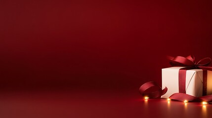 Poster - Gift box with red ribbon on a deep red background, creating a festive atmosphere.
