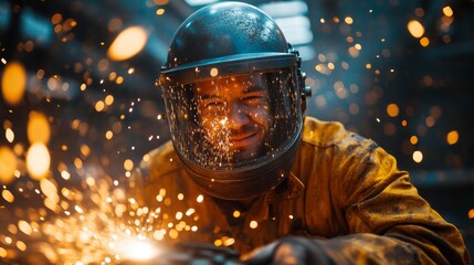 Fototapete - A worker in a manufacturing facility engages in welding, wearing protective gear. Sparks illuminate the environment as metal components are joined together, showcasing industrial automation.