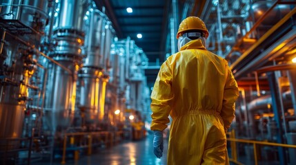 Poster - A worker in yellow protective gear walks through a petrochemical refinery, examining complex machinery and pipelines in a well-lit industrial setting at night.