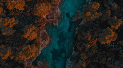  A breathtaking aerial view of a tropical island with turquoise water, white sandy beaches, and a wooden pier stretching into the ocean. Perfect for a travel vlogger. 
