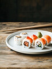 Poster - Delicious sushi platter featuring spicy tuna, assorted rolls, and nigiri on a rustic wooden table