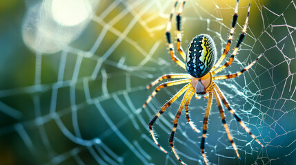 A silver Argiope spider resting in its intricately woven web