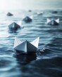 © Anat art - Close-up of a single paper boat navigating a sharp turn while others follow the current, illustrating adaptability in a challenging environment