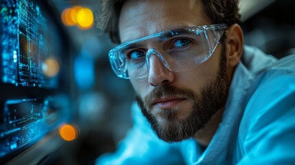 Fototapete - An engineer examines data on a digital screen in a cutting-edge manufacturing environment. The focus is on automation in steel and aluminum processing during a busy workday.