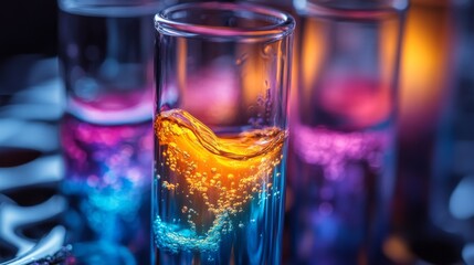 Poster - Laboratory technicians engage in advanced chemical synthesis within a state-of-the-art petrochemical facility. Colorful solutions in test tubes showcase the automation in processing.