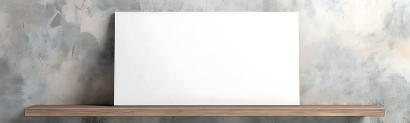 Poster - Blank canvas on a wooden shelf against a textured wall background.