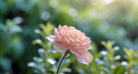 Fototapete - Close up of a pink corona flower with green foliage in a natural outdoor setting