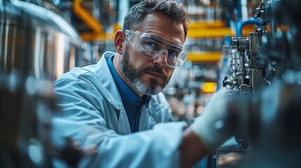 Leinwandbilder - A skilled engineer in a lab coat and safety glasses monitors machinery in a busy petrochemical factory, ensuring efficient processing. The environment is filled with advanced equipment and piping.