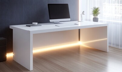 Aufkleber - Modern white desk with ambient lighting, computer, and plant in a stylish workspace.