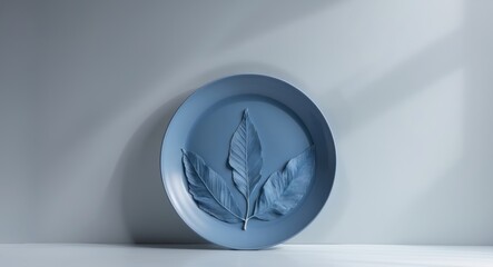 Fototapete - Blue Plate with Leaf Design on Soft Gray Background
