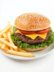 Aufkleber - Delicious cheeseburger with fresh toppings and crispy fries served on a plate