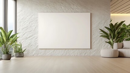 Poster - Minimalist interior with a blank canvas and lush plants against a textured wall.