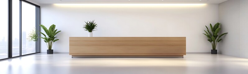 Fototapete - Modern reception area featuring a sleek wooden desk and indoor plants against a minimalist backdrop.