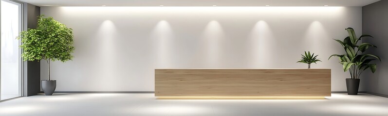 Fototapete - Modern reception area with wooden desk and indoor plants, featuring minimalist design and bright lighting.