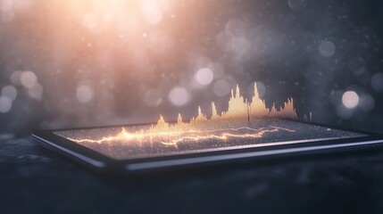 Fototapete - Dynamic data visualization on a tablet with glowing waveforms against a blurred background.