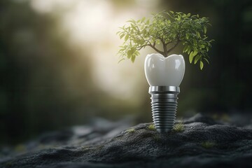 Poster - Strong tooth implant grows like a tree from healthy gums in a serene and metaphorical health environment