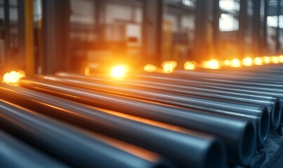 Fototapete - Industrial scene with glowing lights highlighting metal pipes in a manufacturing facility.