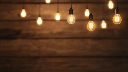 Poster - Hanging lights illuminate a rustic wooden background, creating a warm ambiance.
