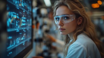 Fototapete - A skilled engineer in safety glasses examines complex data on a screen in a high-tech manufacturing environment specializing in steel and aluminum production.