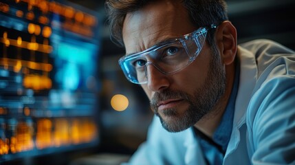 Fototapete - A professional wearing safety glasses focuses on complex data on multiple screens in a high-tech engineering lab. The atmosphere reflects an industrial setting equipped for advanced manufacturing.
