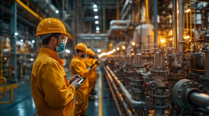 Poster - Workers in yellow protective gear monitor machinery and control systems in an automated petrochemical refinery. The environment reflects active engineering and synthesis processes.