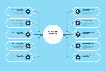 Aufkleber - Flowchart infographic with central circle and ten options - blue version. Flat chart design with thin lines for website or data presentation.