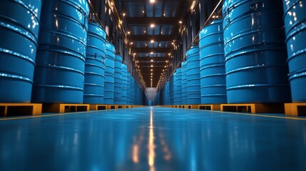 Leinwandbilder - Rows of blue barrels line the polished floor of a petrochemical processing facility. The atmosphere is bright with artificial lighting, emphasizing the industrial setup.