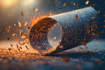 A futuristic scroll, displaying intricate code and data, emitting sparkling particles, with flying book pages, symbolizing knowledge, innovation and advancement in technology and information.
