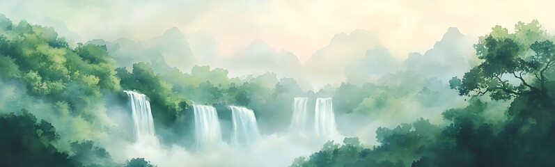 Poster - Serene landscape featuring waterfalls surrounded by lush greenery and misty atmosphere.