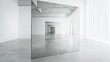 © Anastasia - Black and white photograph of an empty room with a large mirror in the center. the room has a concrete floor and walls, and the ceiling is made of concrete.