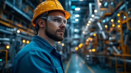 Poster - A worker in safety helmet and goggles monitors the automated machinery in a petrochemical refinery, focusing on production efficiency and quality control during after-hours operations.