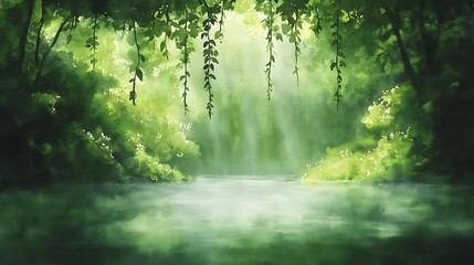 Poster - Lush green landscape with misty water and soft light filtering through trees.