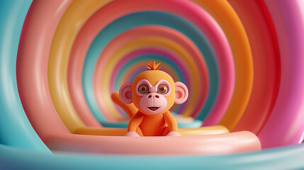 Poster - playful 3D monkey with cheerful expression is surrounded by colorful, swirling tubes. vibrant design captures sense of fun and energy