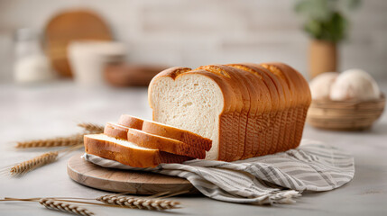 Aufkleber - close up of sliced loaf of white bread on wooden board, with soft texture and golden crust, surrounded by wheat stalks on patterned cloth