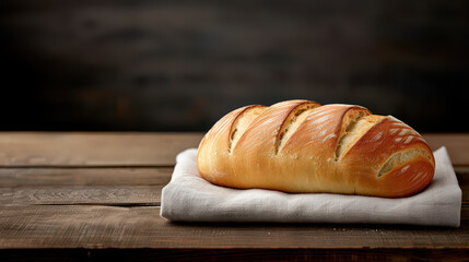 Aufkleber - freshly baked loaf of bread rests on white cloth atop rustic wooden table, showcasing its golden crust and inviting aroma. background is softly blurred, highlighting bread texture
