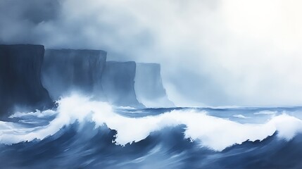 Poster - Moody seascape with crashing waves and dark cliffs under a cloudy sky.