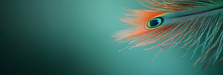 Wall Mural - macro image of a peacock feather - displaying a vibrant - natural texture wide banner - green backgr